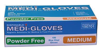 Gloves 100 Vinyl Blue Medium Powder Free
