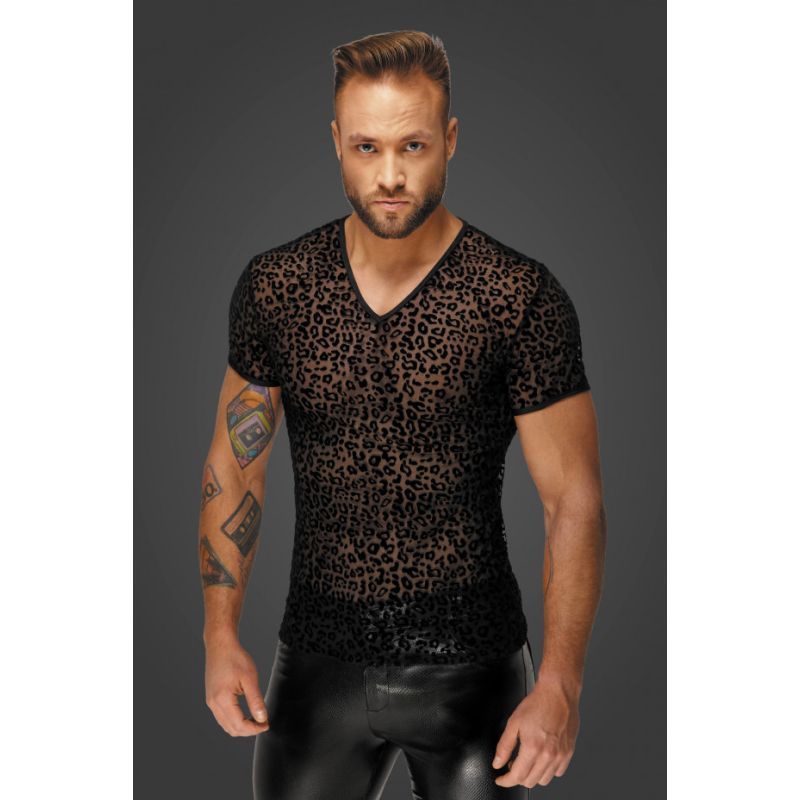 Noir Leopard Flock V Neck T Shirt