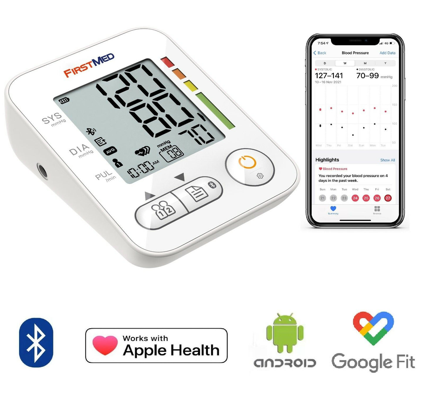 Bluetooth Blood Pressure Monitor, Large Cuff 22-42cm, Digital, Smartphone Compatible