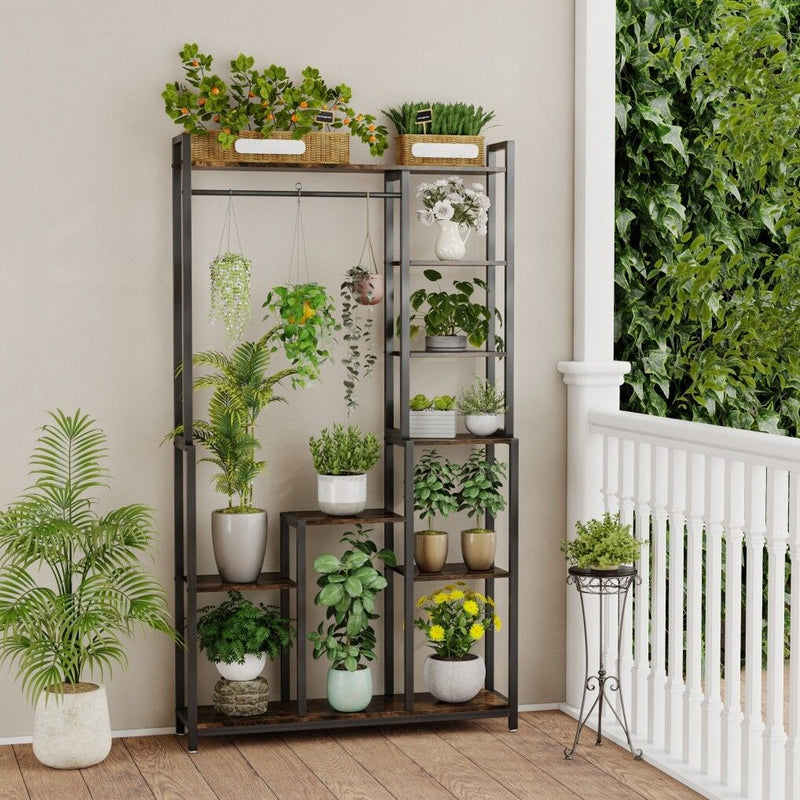 Plant Stand Shelf Rack with Hanging Rod Indoor Outdoor Display
