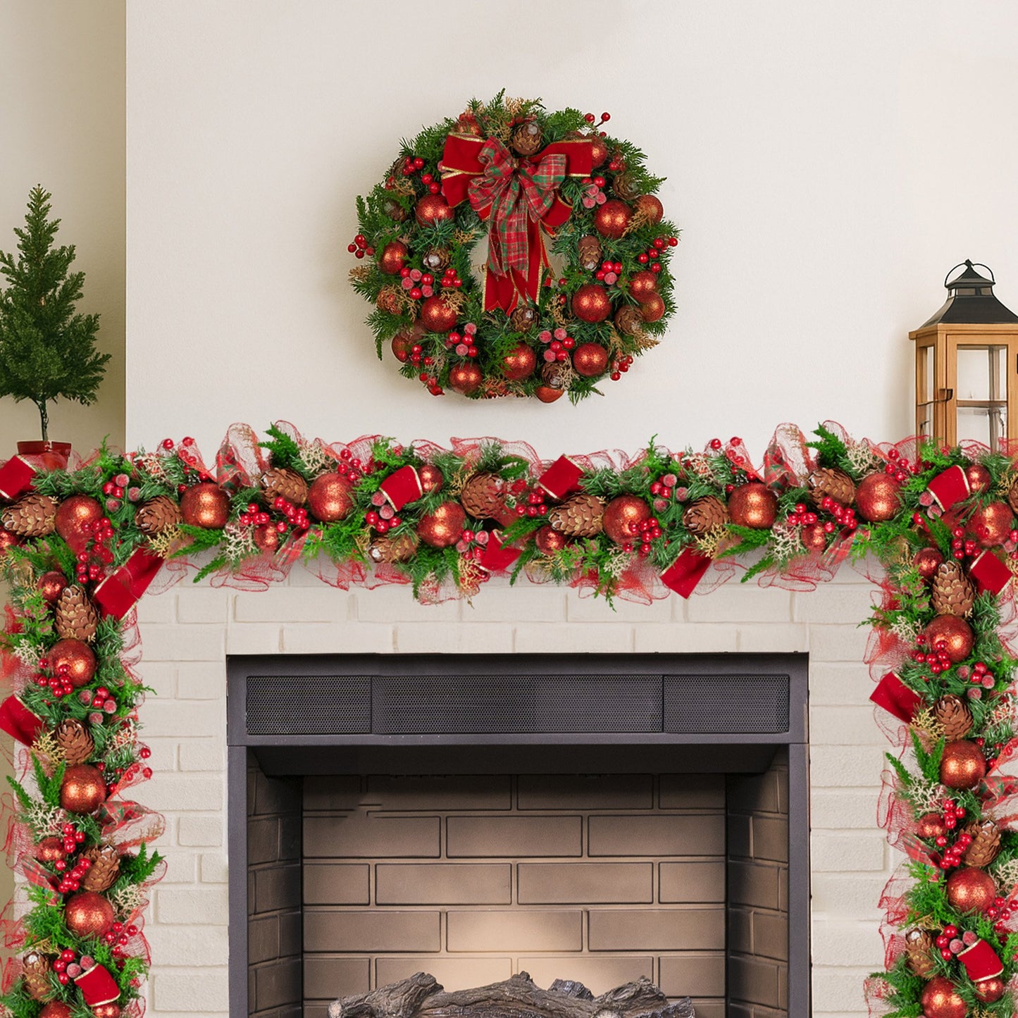 Christabelle 100cm Christmas Garland Lush Green Holiday Garland w/ Red Berries, Baubles & Pine Cones Pre-Decorated Festive Shelf or Banister Decoration