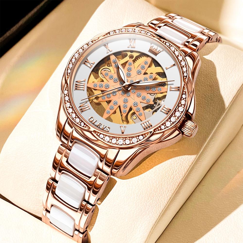 Women Waterproof Mechanical Watch with Ceramic Band - Multifunctional and Elegant
