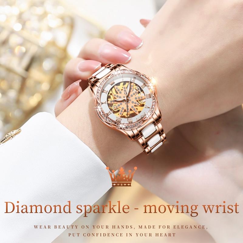 Women Waterproof Mechanical Watch with Ceramic Band - Multifunctional and Elegant