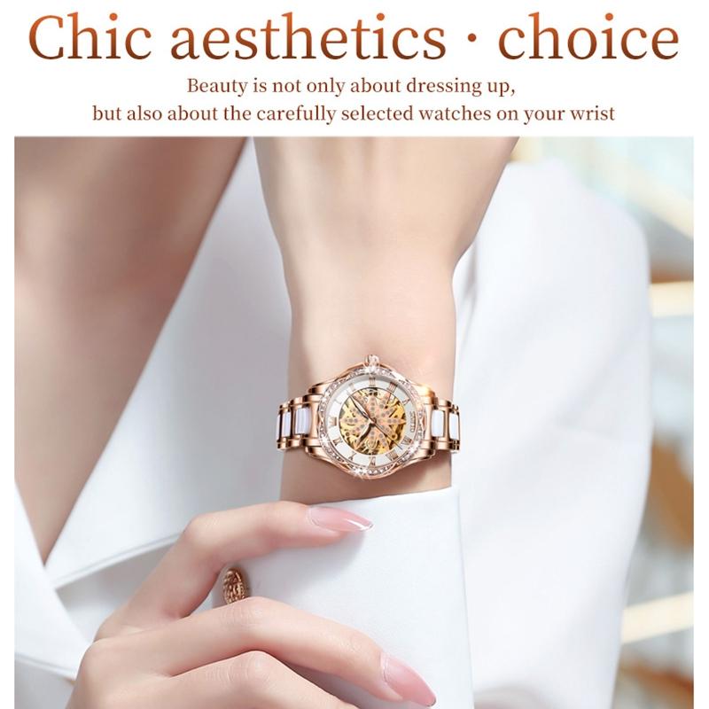 Women Waterproof Mechanical Watch with Ceramic Band - Multifunctional and Elegant