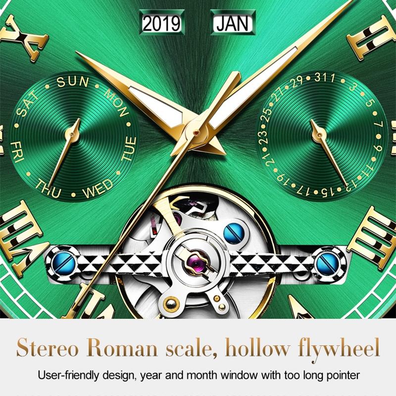 Waterproof Automatic Mechanical Watch for Men with Multi-function Flywheel - Silver Gold Green