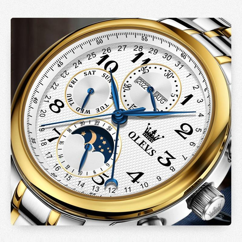 Waterproof Luminous Mechanical Watch for Men - Multifunction - Steel Band + Gold White