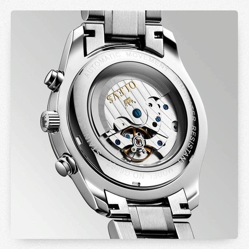 Waterproof Luminous Mechanical Watch for Men - Multifunction - Steel Band + Gold White