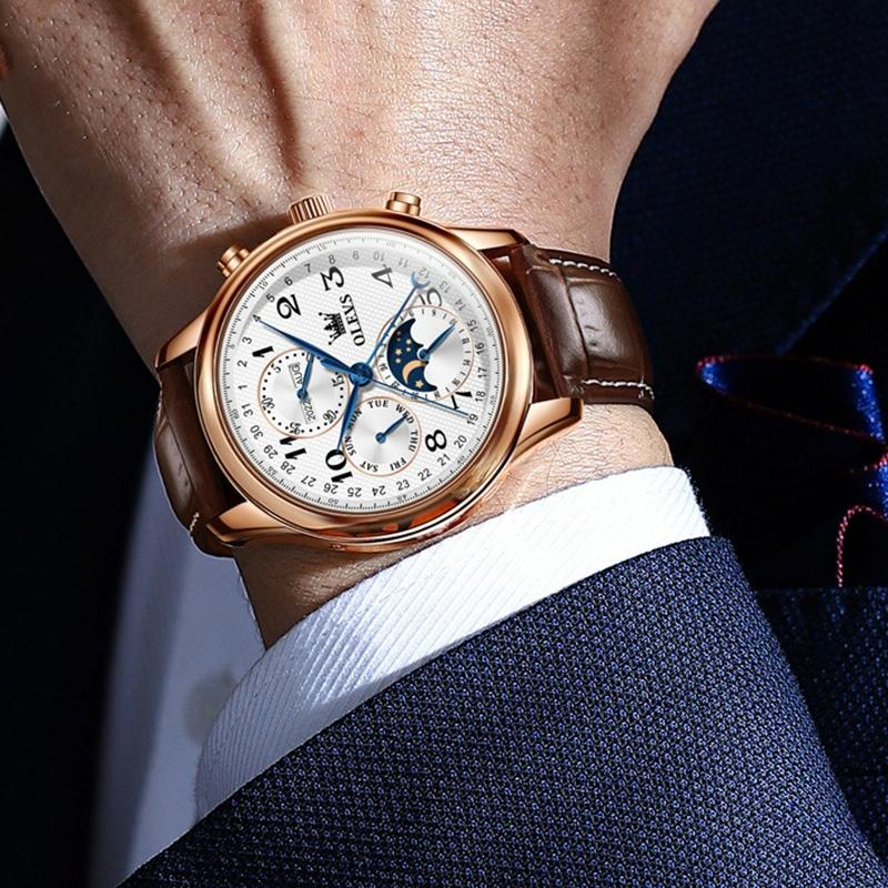 Waterproof Luminous Mechanical Watch for Men - Multifunction - Steel Band + Gold White