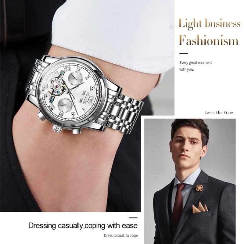 Waterproof Automatic Mechanical Watch for Men with Multi-function Flywheel - Silver Gold Blue