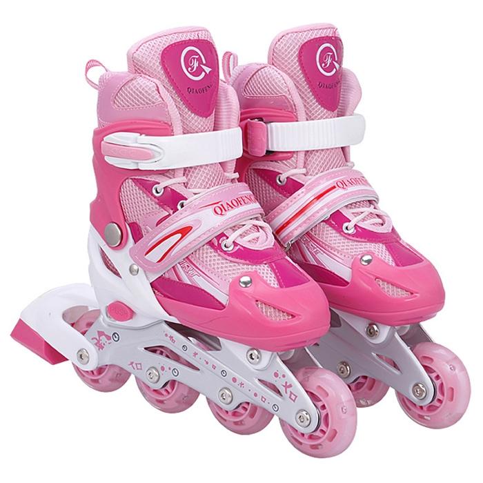 Flash Straight Row Roller Skating Shoes Suit for Kids and Adults - Medium Size - Pink