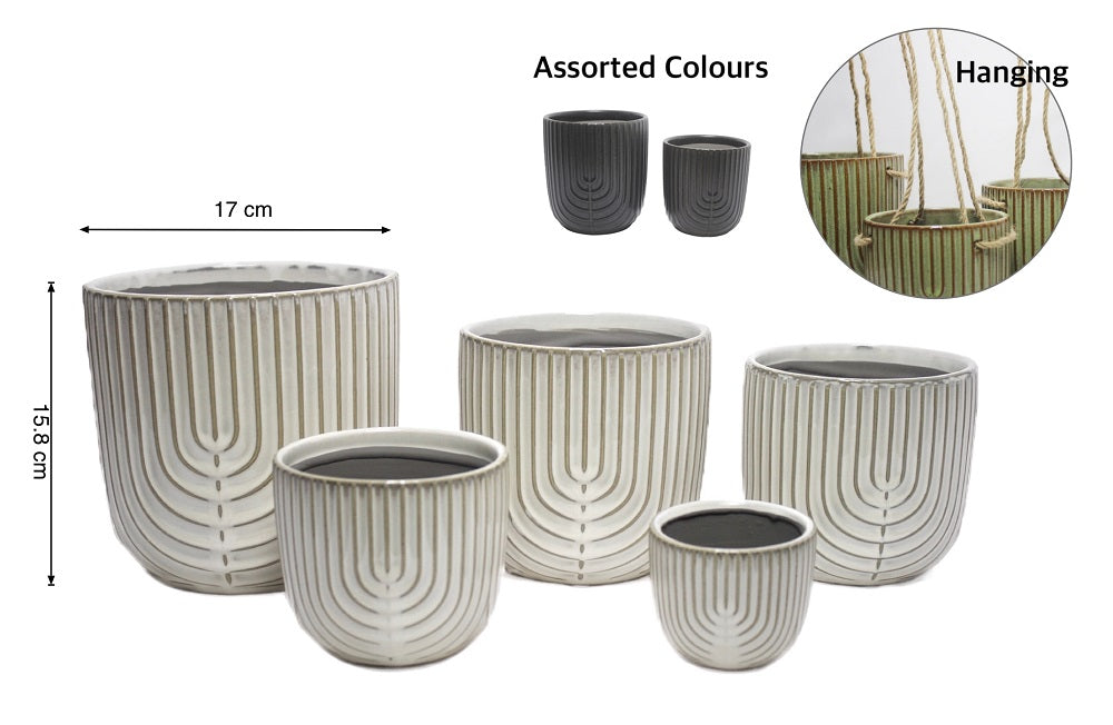 bulk 6 Ripple Ceramic Planter w Hanging Rope Assort 17cm