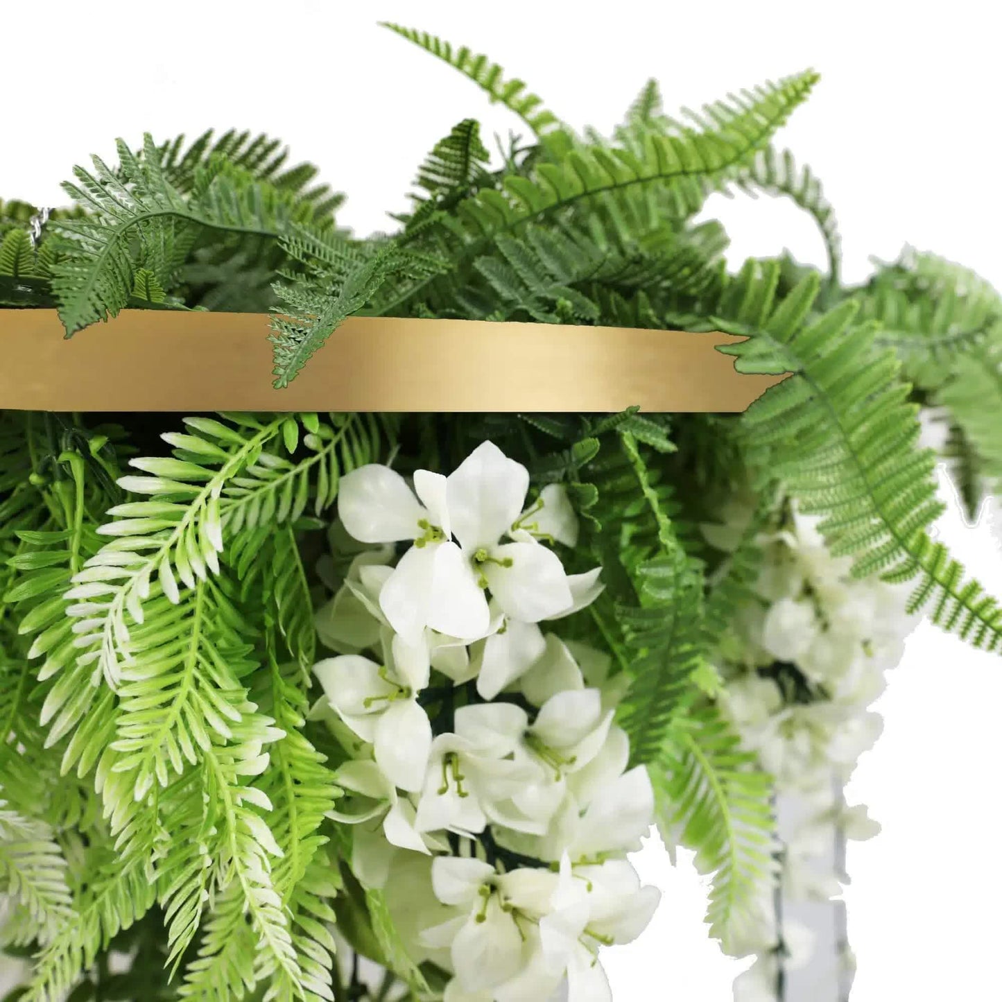 Gold Framed Roof Hanging Disc with Draping Life-Like Wisteria Flowers UV Resistant 60cm