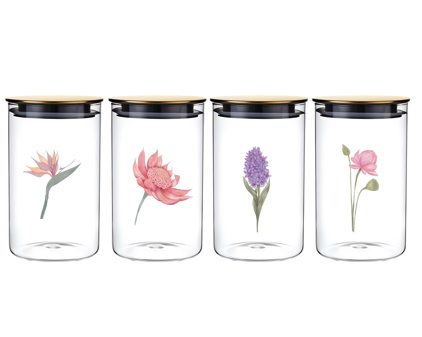 bulk 12 Botanical Flower Glass Jar w Metal Lid 4 Assort 20cm