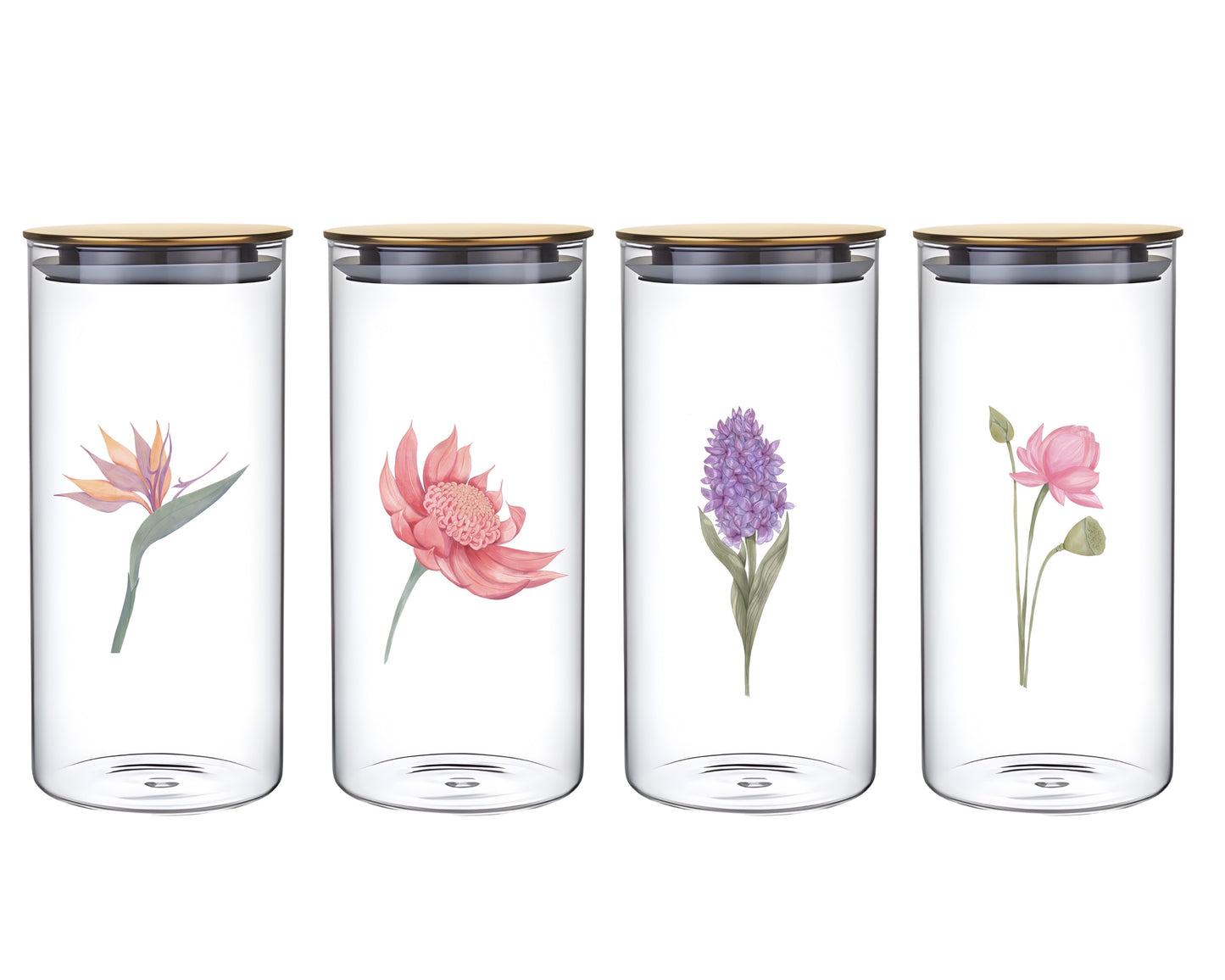 bulk 12 Botanical Flower Glass Jar w Metal Lid 4 Assort 25cm