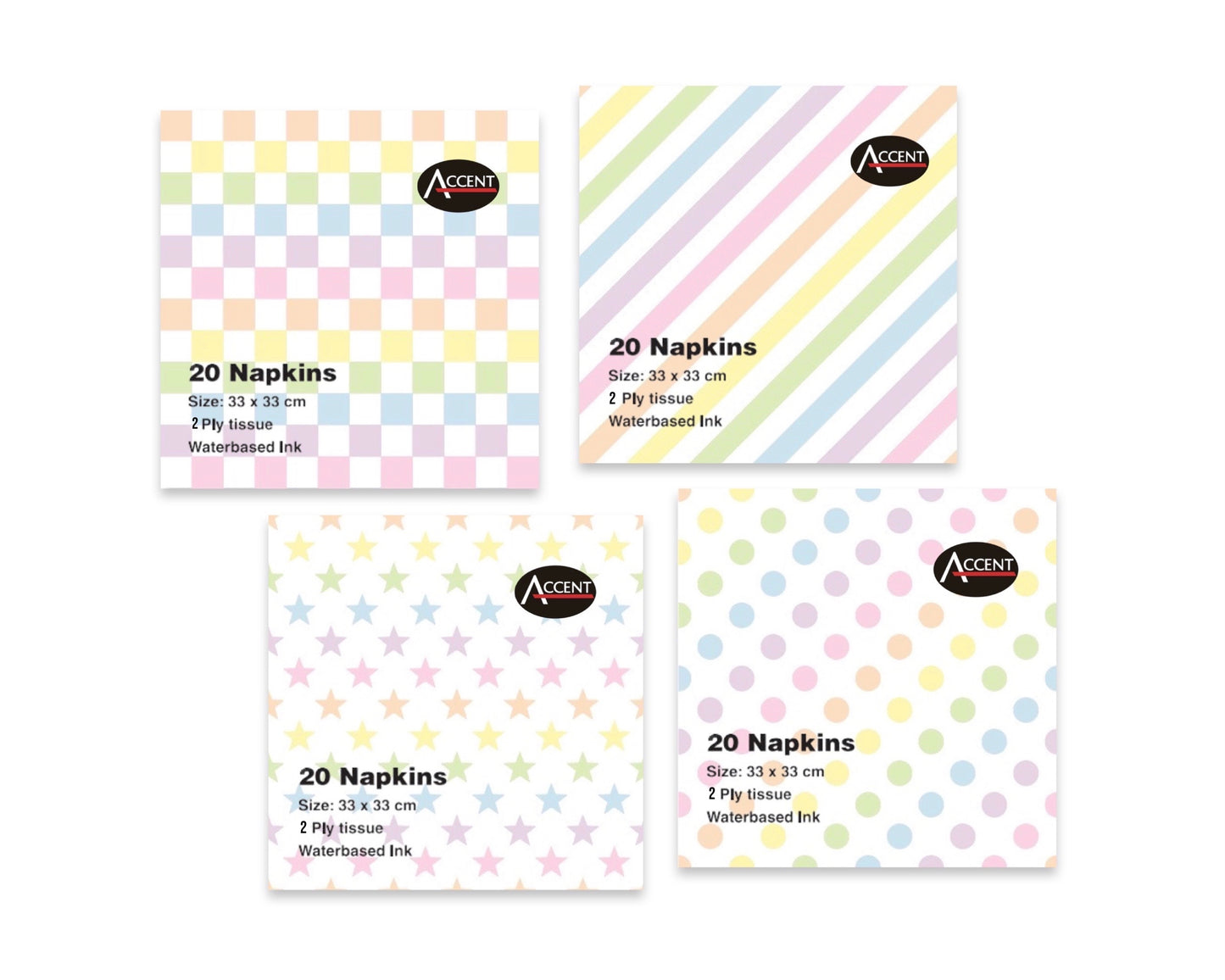 bulk 960 Dots Stars Gingham Diagonal Stripes Napkin 2ply Assort 33cm