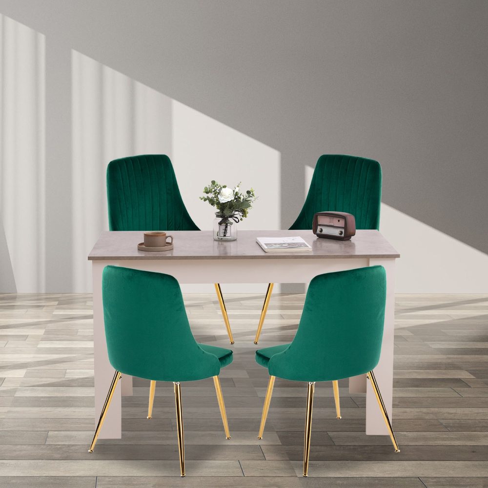 Grey Rectangular Table with Green Velvet Chairs Dining Set