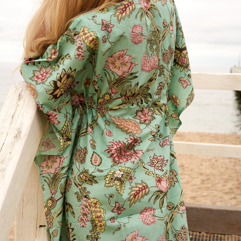 Linen Connections Cotton Kaftan Kimono Cotton Dress Caridgan Maxi Dress Mother's Day Gift Maternity Gown Floral Print Gift for her | Green