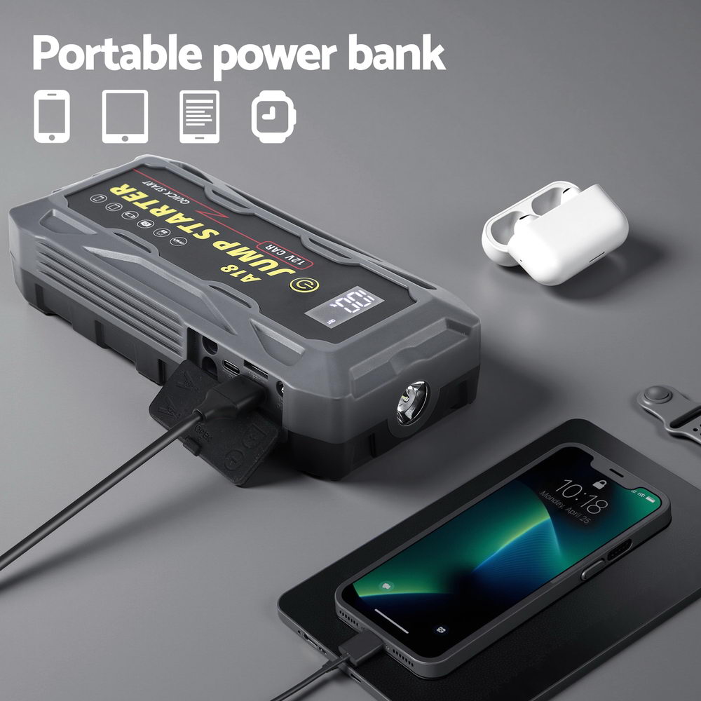 Giantz 2000A Portable Car Jump Starter 12V Lithium Battery Booster Pack Power Bank & Jumper Cables