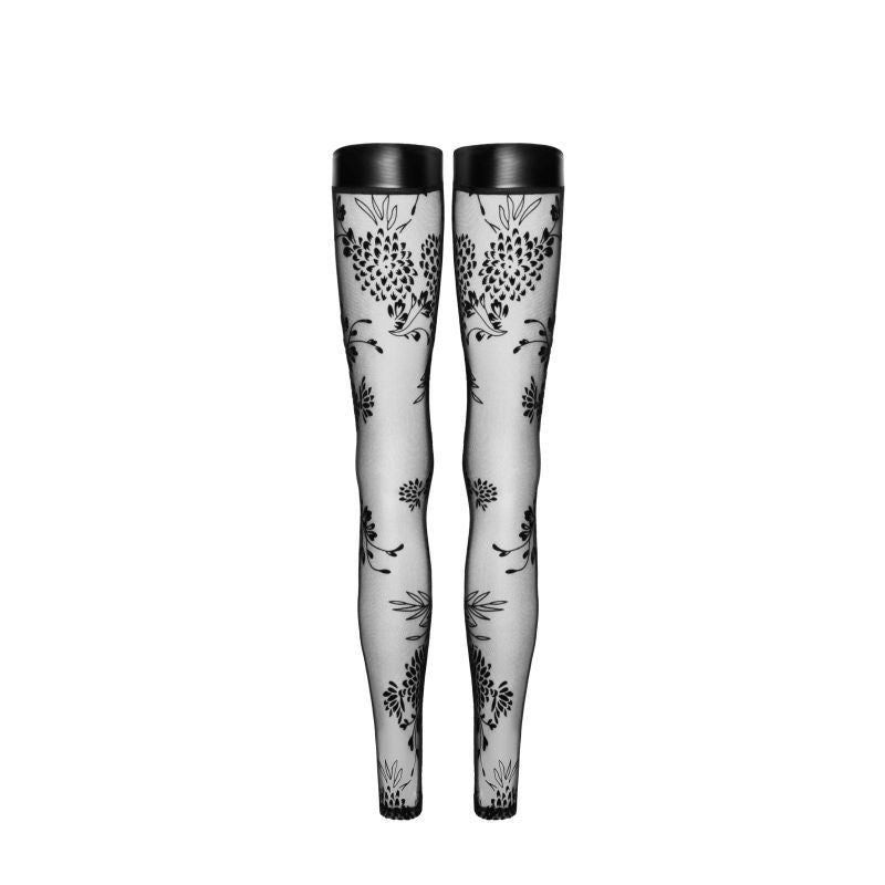 Noir Tulle Stockings W Patterned Flock Embroidery & Power Wetlook Band - Black - Large