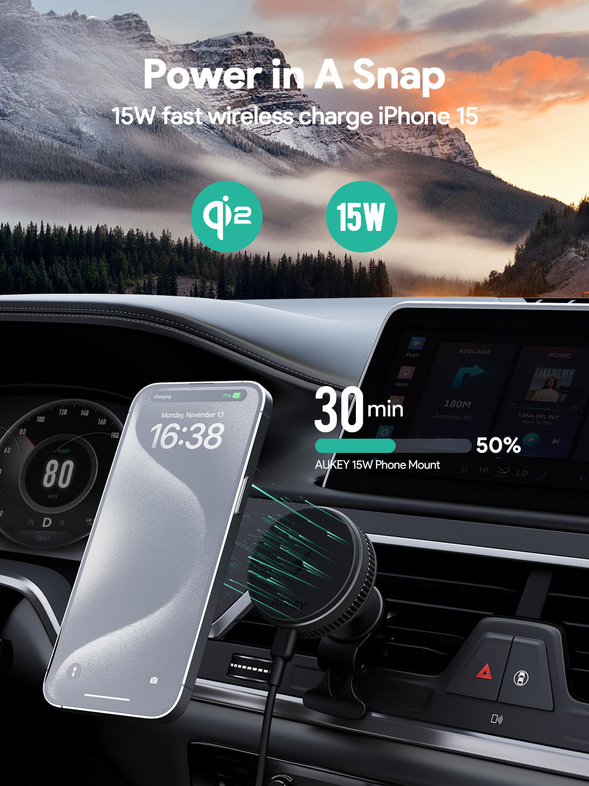 Aukey MagFusion Dash Pro Qi2 Active Cooling Wireless Charging Phone Mount