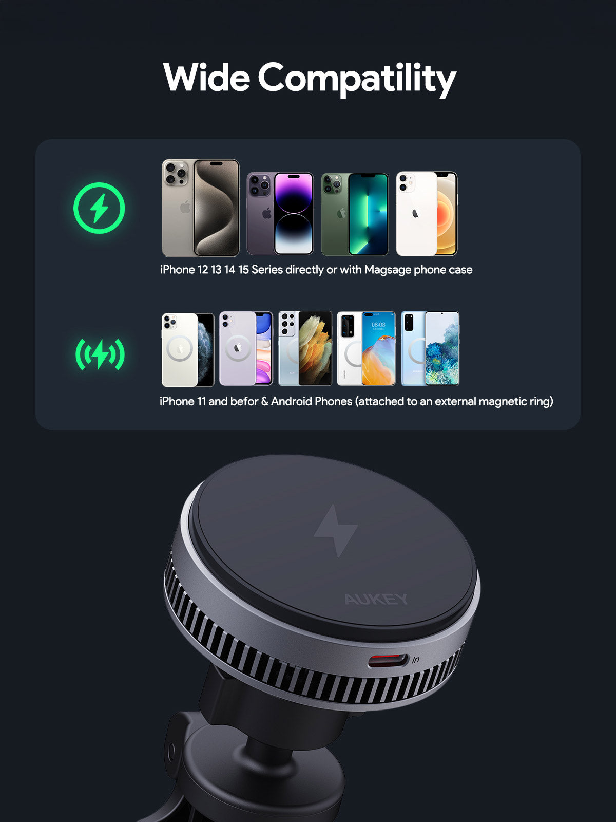 Aukey MagFusion Dash Pro Qi2 Active Cooling Wireless Charging Phone Mount