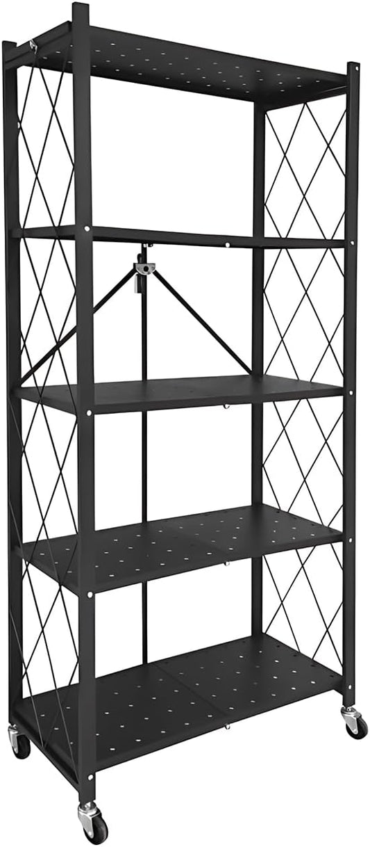 CARLA HOME 5-Tier Foldable Storage Shelf with Wheels for Kitchen, Garage, Pantry or Basement (Black)