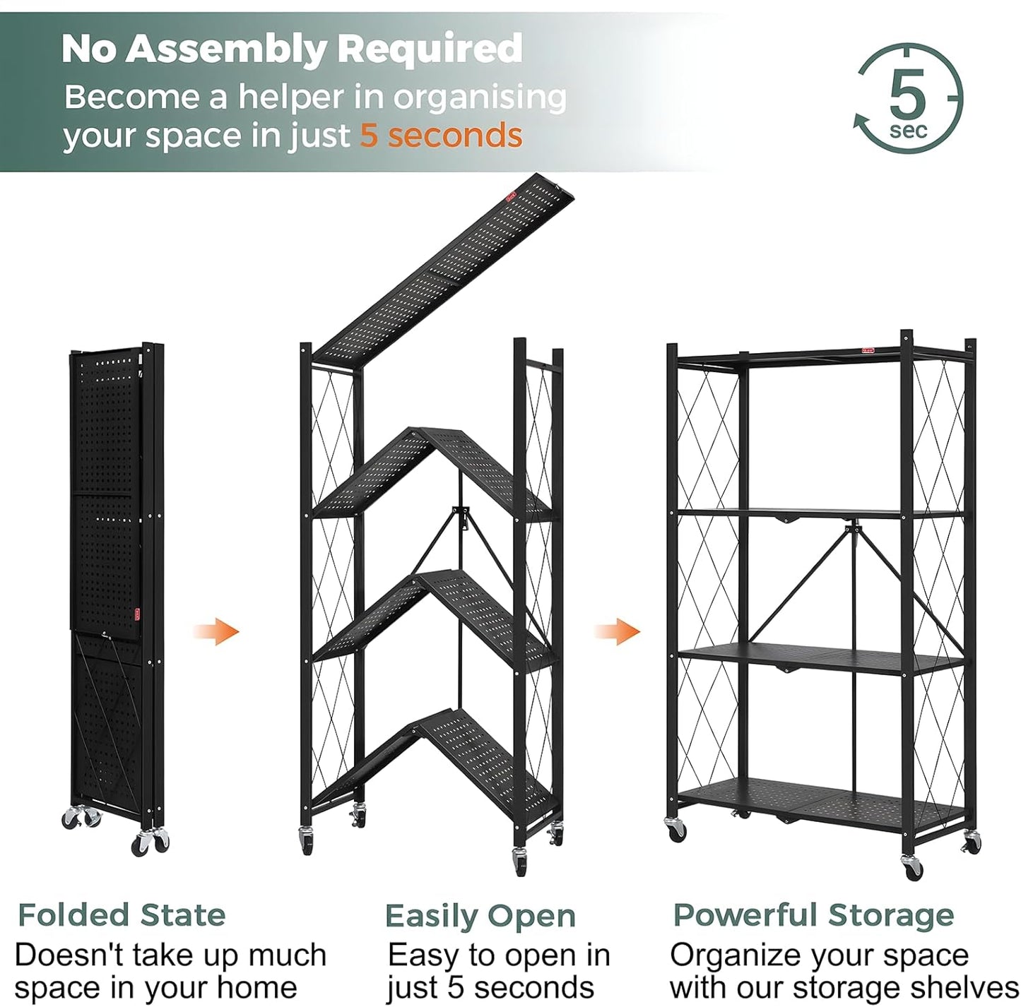 CARLA HOME 5-Tier Foldable Storage Shelf with Wheels for Kitchen, Garage, Pantry or Basement (Black)