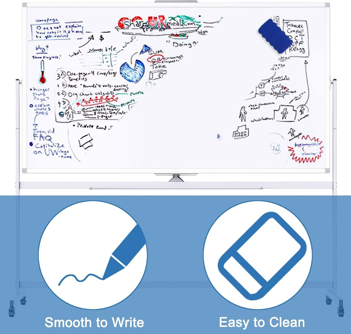 CARLA HOME Double-Sided Magnetic Whiteboard 120x90cm with Wheels, Reversible Design for School, Office & Home