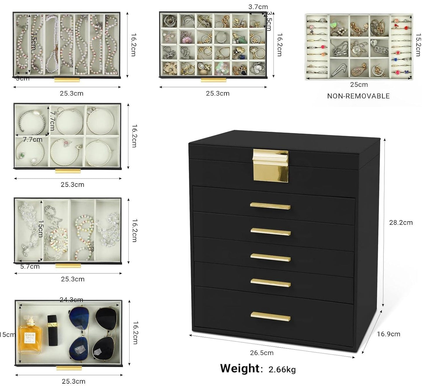 CARLA HOME  6-Layer Large Jewelry Organizer Box for Women with Mirror, Drawers, Hooks & Dividers for Rings, Necklaces, Bracelets, Ideal Gift for Women (Black)