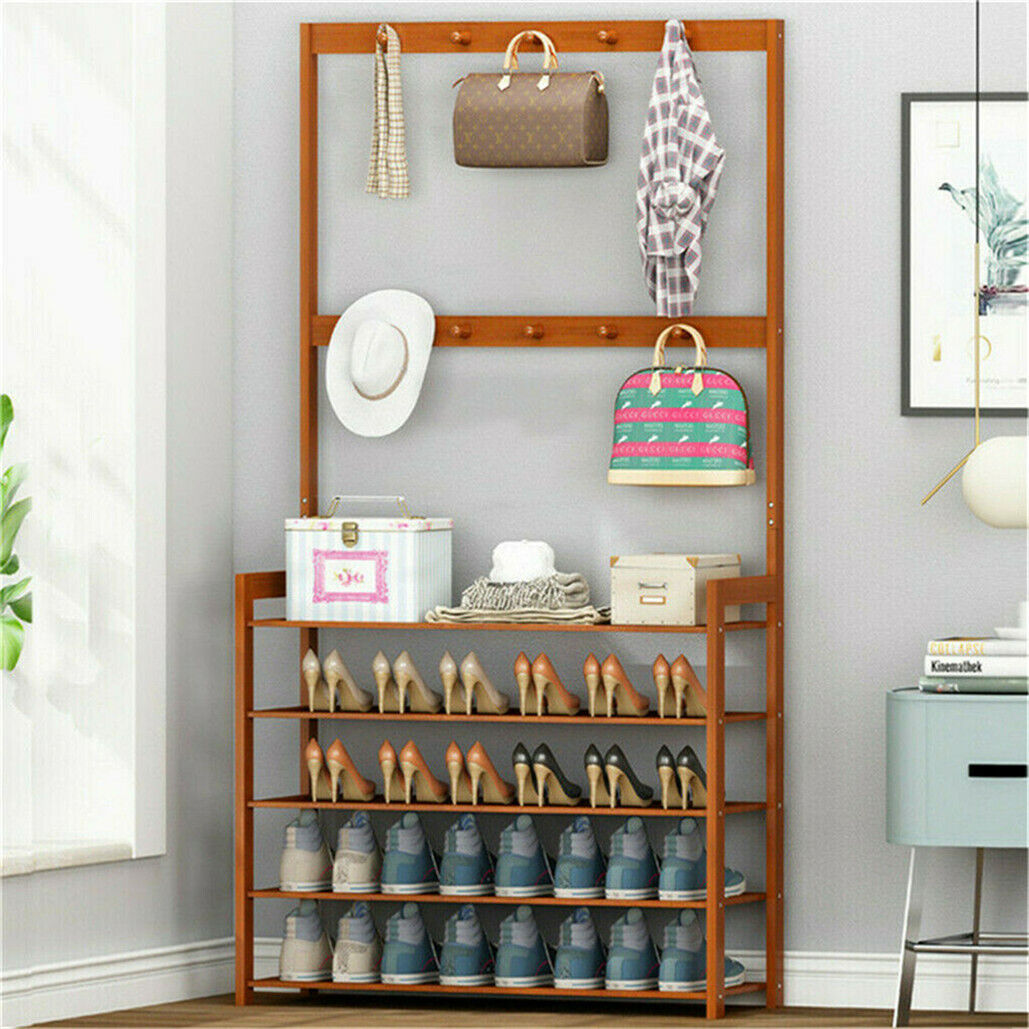 Bamboo 5-Tier Hat Coat Shoe Rack Entryway Bench Hanger Storage