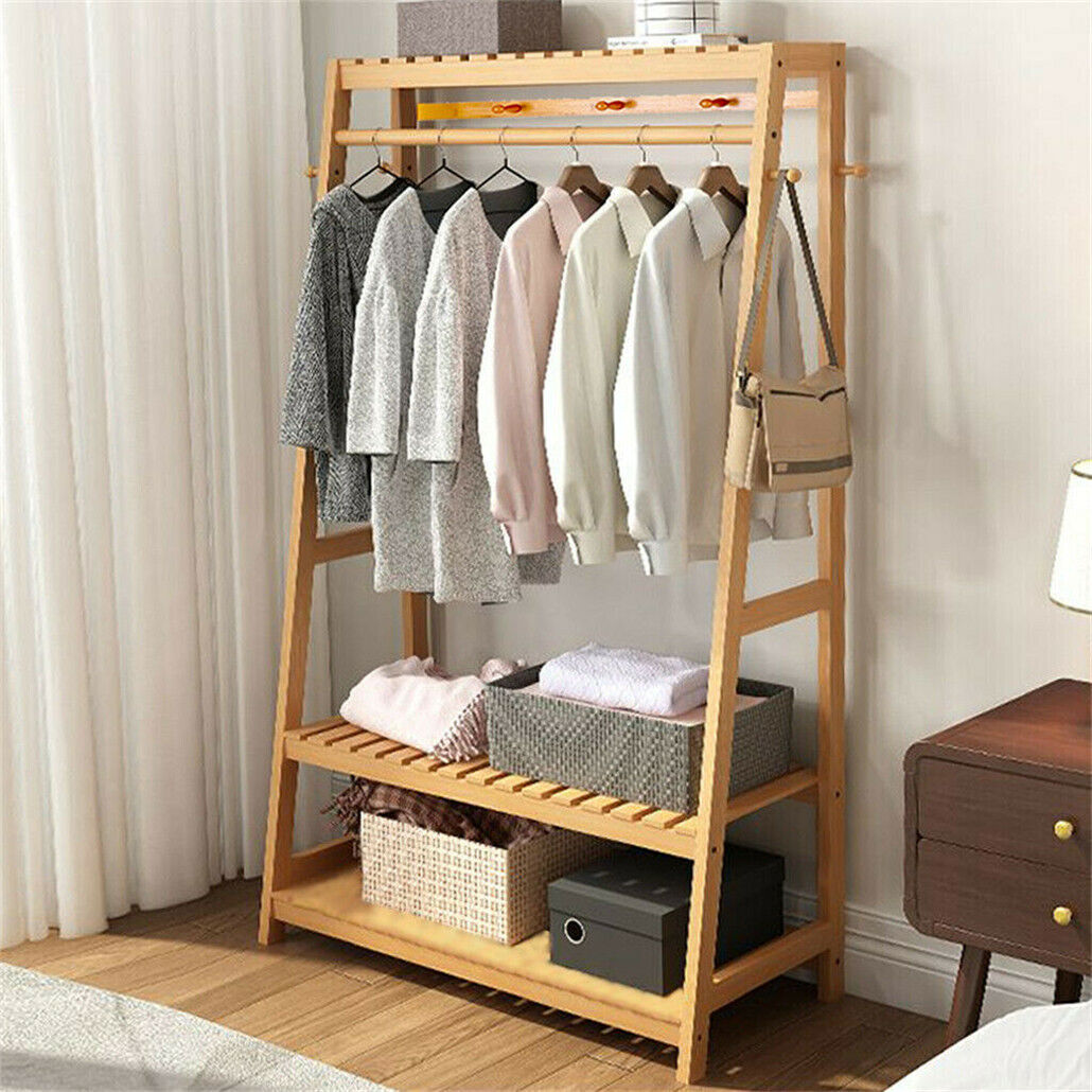 Bamboo Garment Rack Portable Laundry Storage Nature -