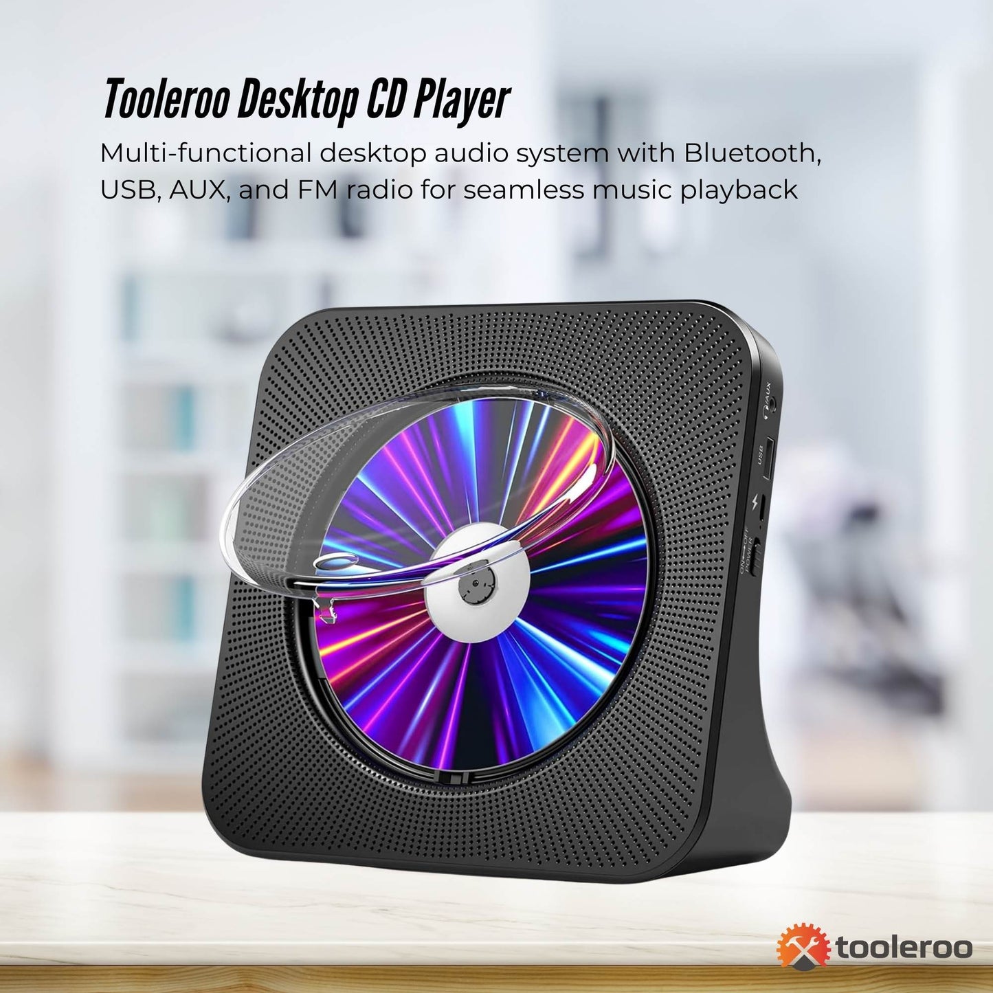 Tooleroo USB Rechargeable Desktop CD Player Speaker – Bluetooth Portable Black