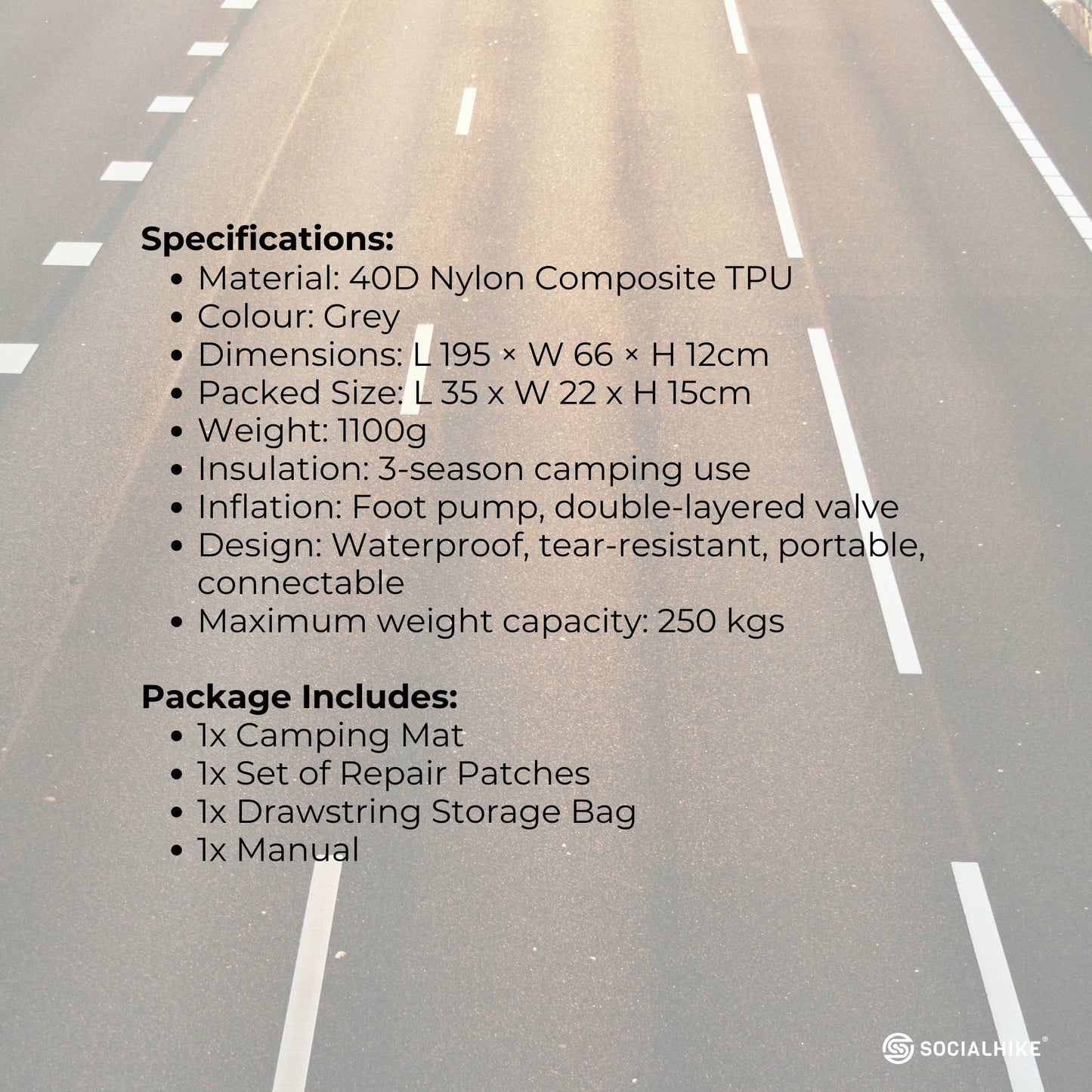 Social Hike Step-Inflating Camping Mattress Lightweight Waterproof Sleeping Grey