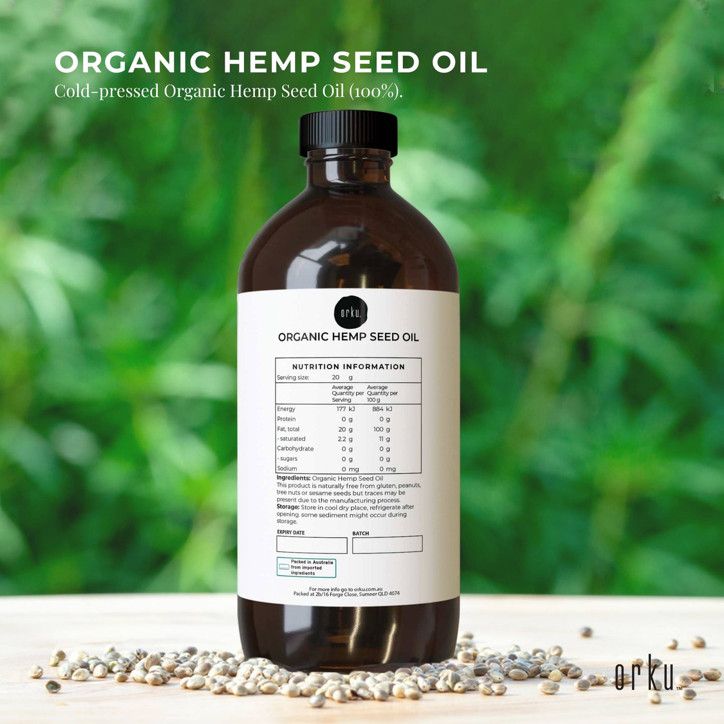 Orku 500ml Organic Hemp Seed Oil - Cold Pressed Food Grade Oils