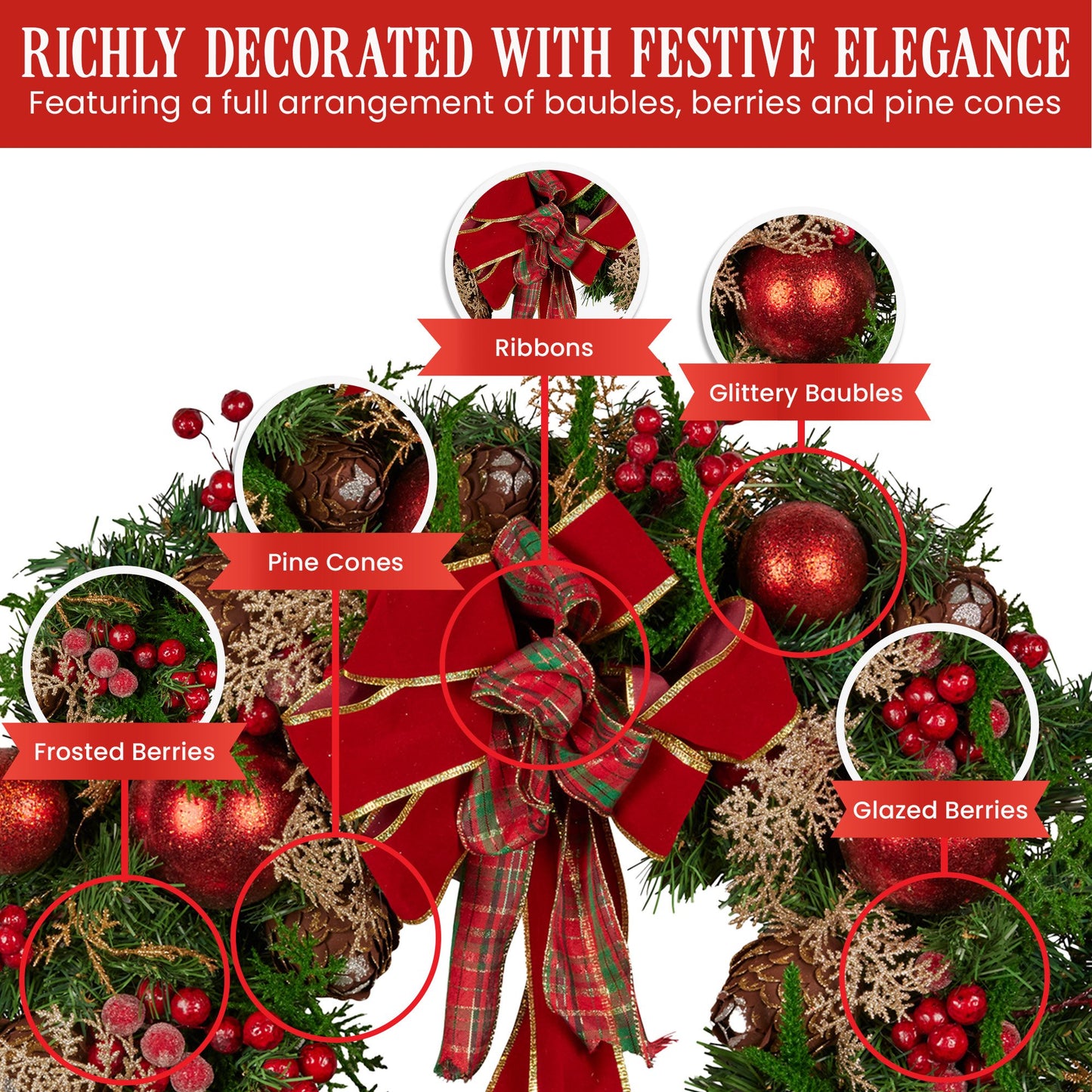 Christabelle 56cm Christmas Wreath Lush Green Holiday Door Wreath with Red Berries, Baubles & Pine Cones Pre-Decorated Festive Wall or Front Door Decoration