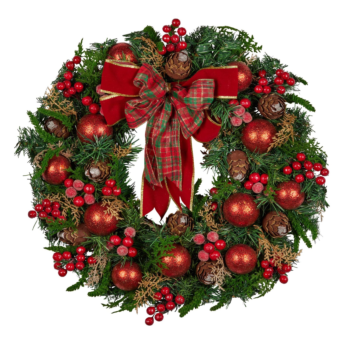Christabelle 71cm Christmas Wreath Lush Green Holiday Door Wreath with Red Berries, Baubles & Pine Cones Pre-Decorated Festive Wall or Front Door Decoration