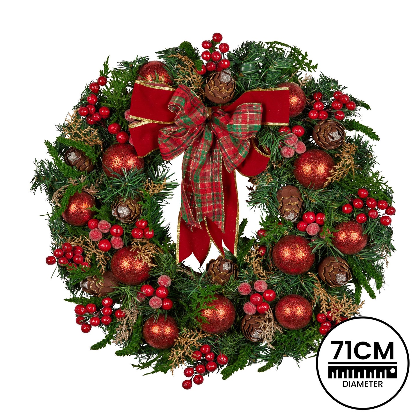 Christabelle 71cm Christmas Wreath Lush Green Holiday Door Wreath with Red Berries, Baubles & Pine Cones Pre-Decorated Festive Wall or Front Door Decoration