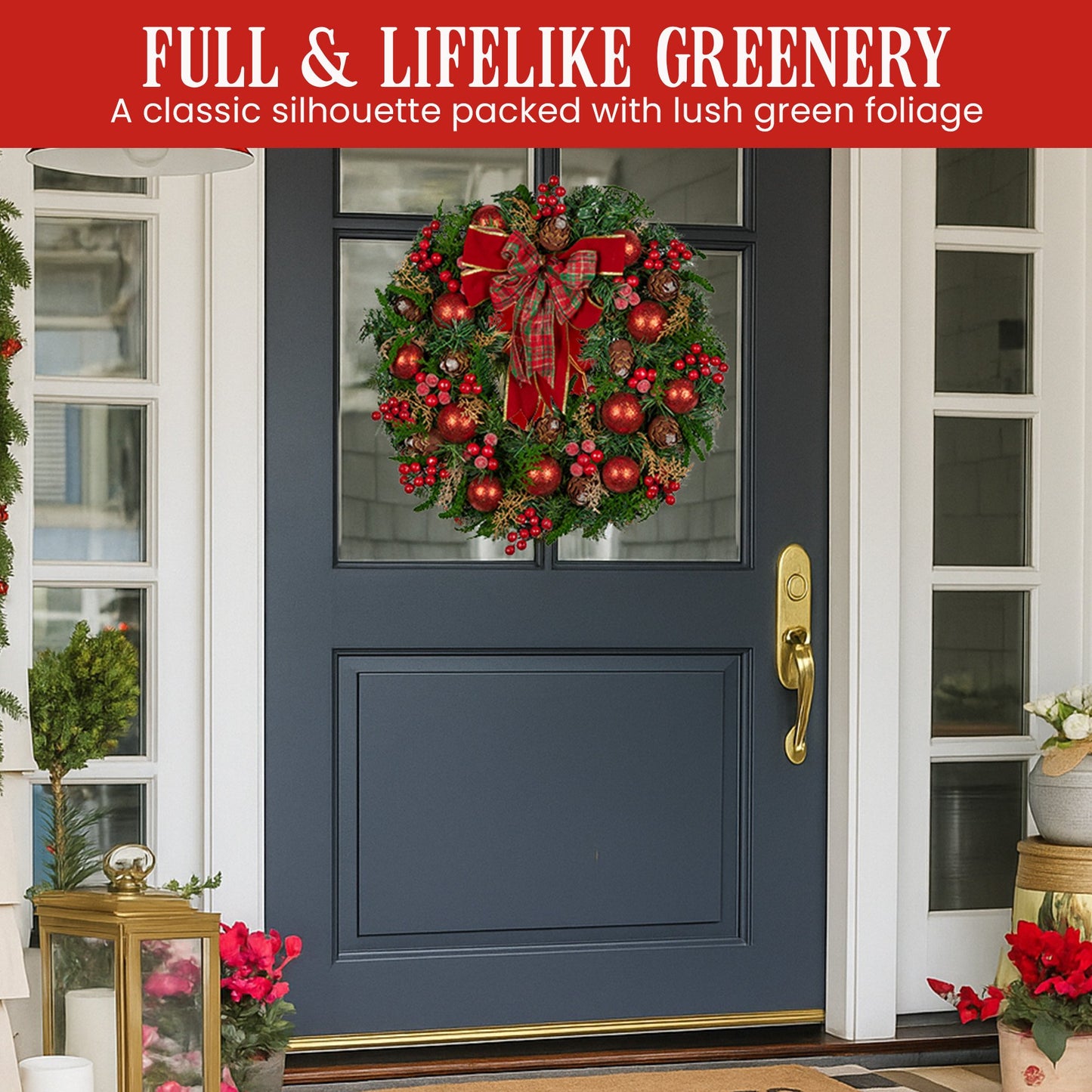 Christabelle 71cm Christmas Wreath Lush Green Holiday Door Wreath with Red Berries, Baubles & Pine Cones Pre-Decorated Festive Wall or Front Door Decoration