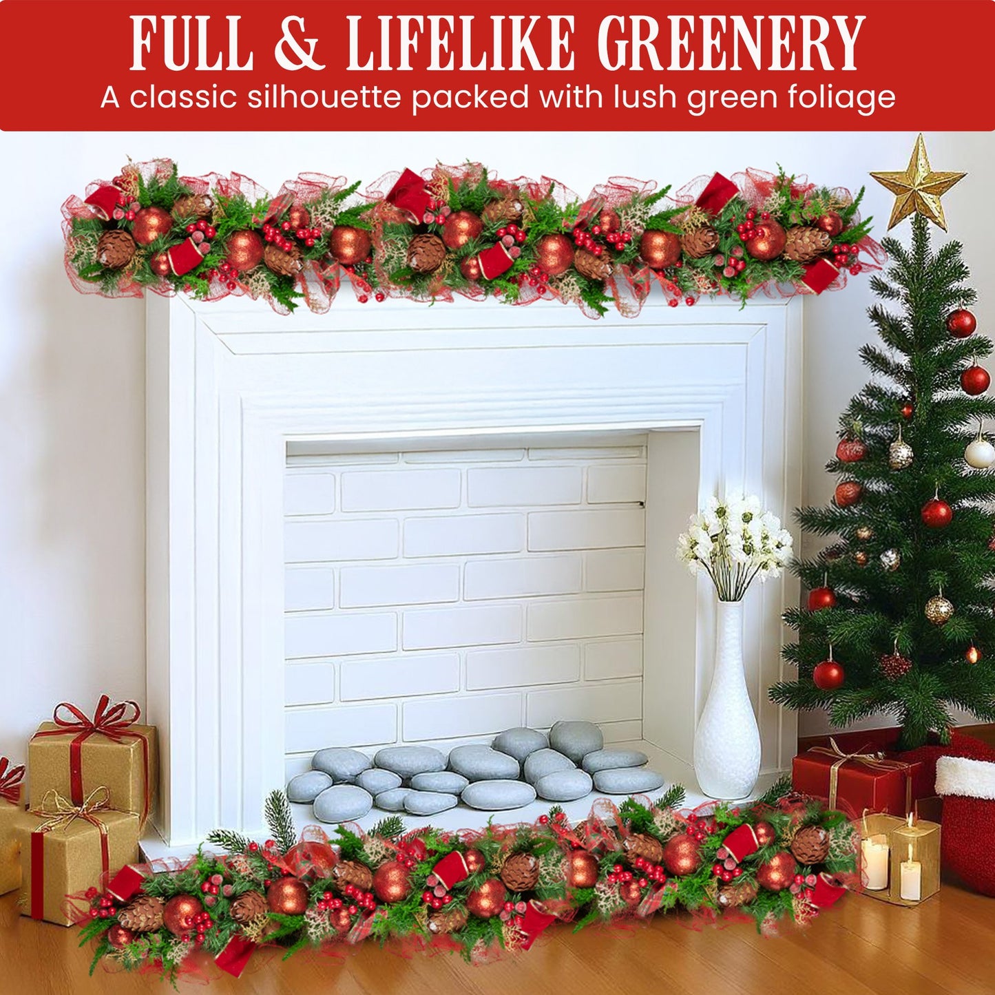 Christabelle 100cm Christmas Garland Lush Green Holiday Garland w/ Red Berries, Baubles & Pine Cones Pre-Decorated Festive Shelf or Banister Decoration