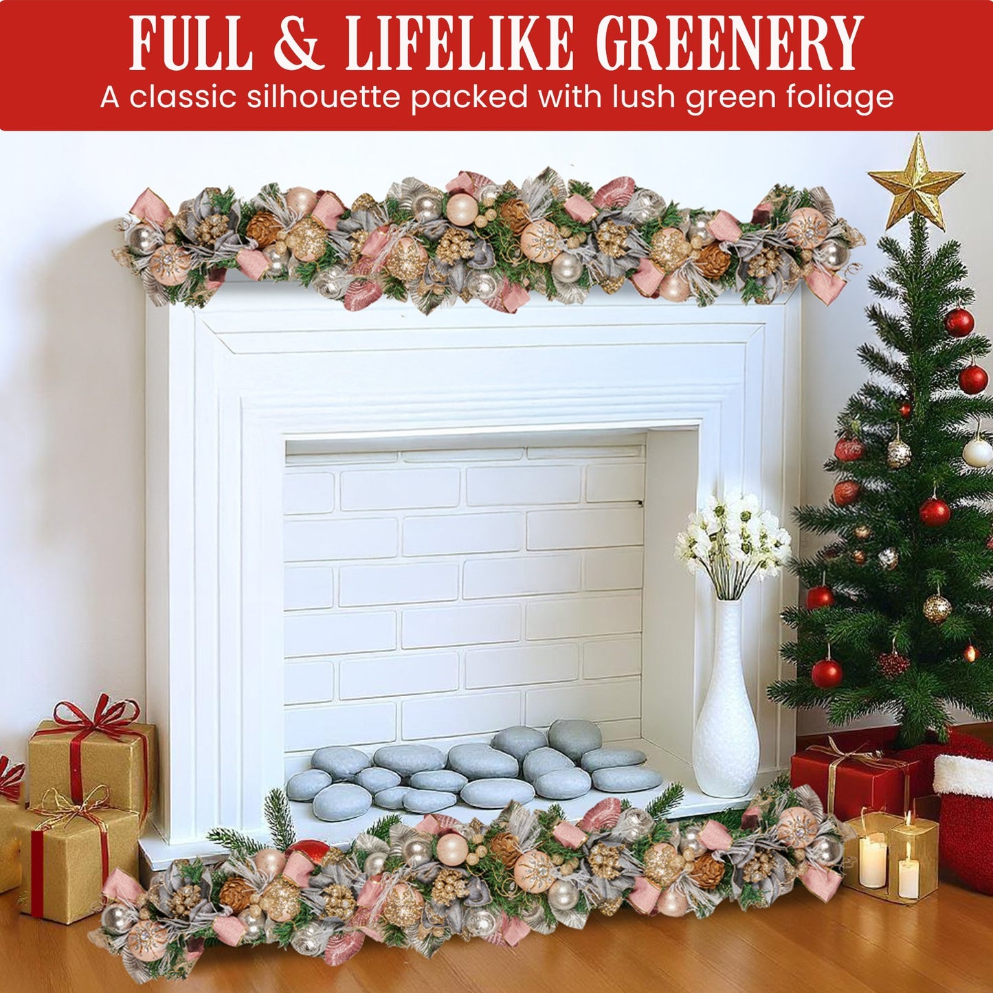 Christabelle 185cm Christmas Garland Lush Green Holiday Door Garland w/Jewelled Baubles, Flowers, Ribbon & Berries