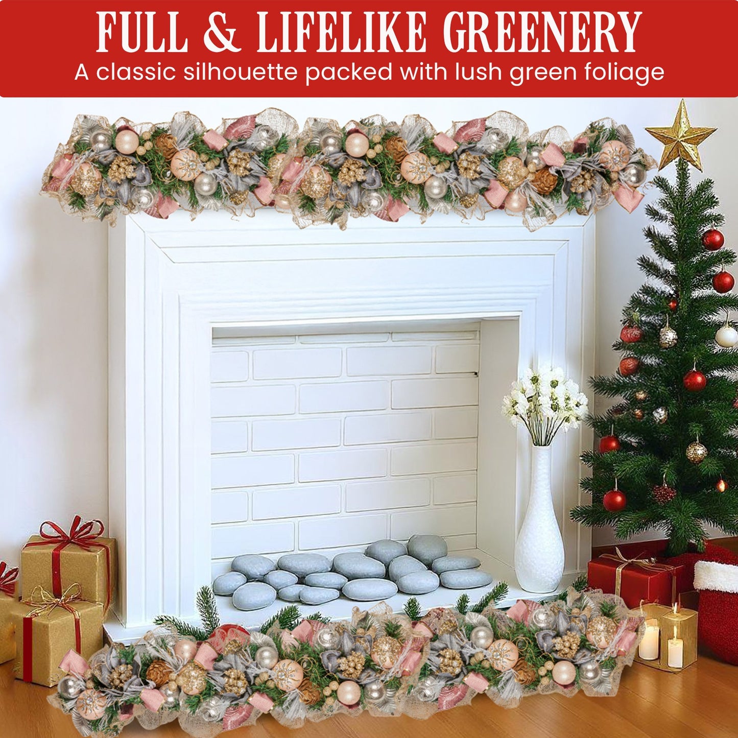 Christabelle 100cm Christmas Garland Lush Green Holiday Door Garland w/Jewelled Baubles & Berries Pre Decorated Festive