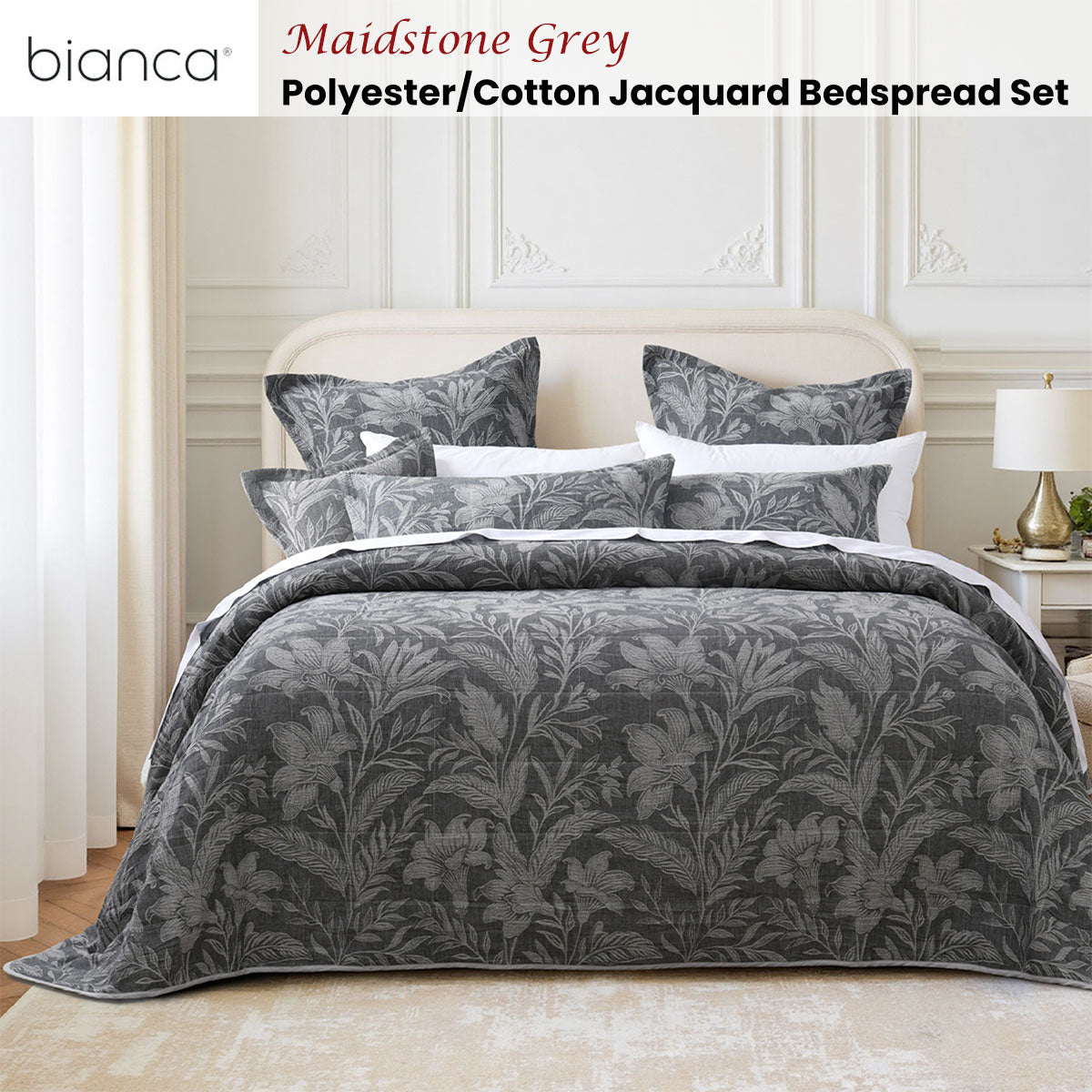 Bianca Maidstone Grey Floral Jacquard Bedspread Set Super King