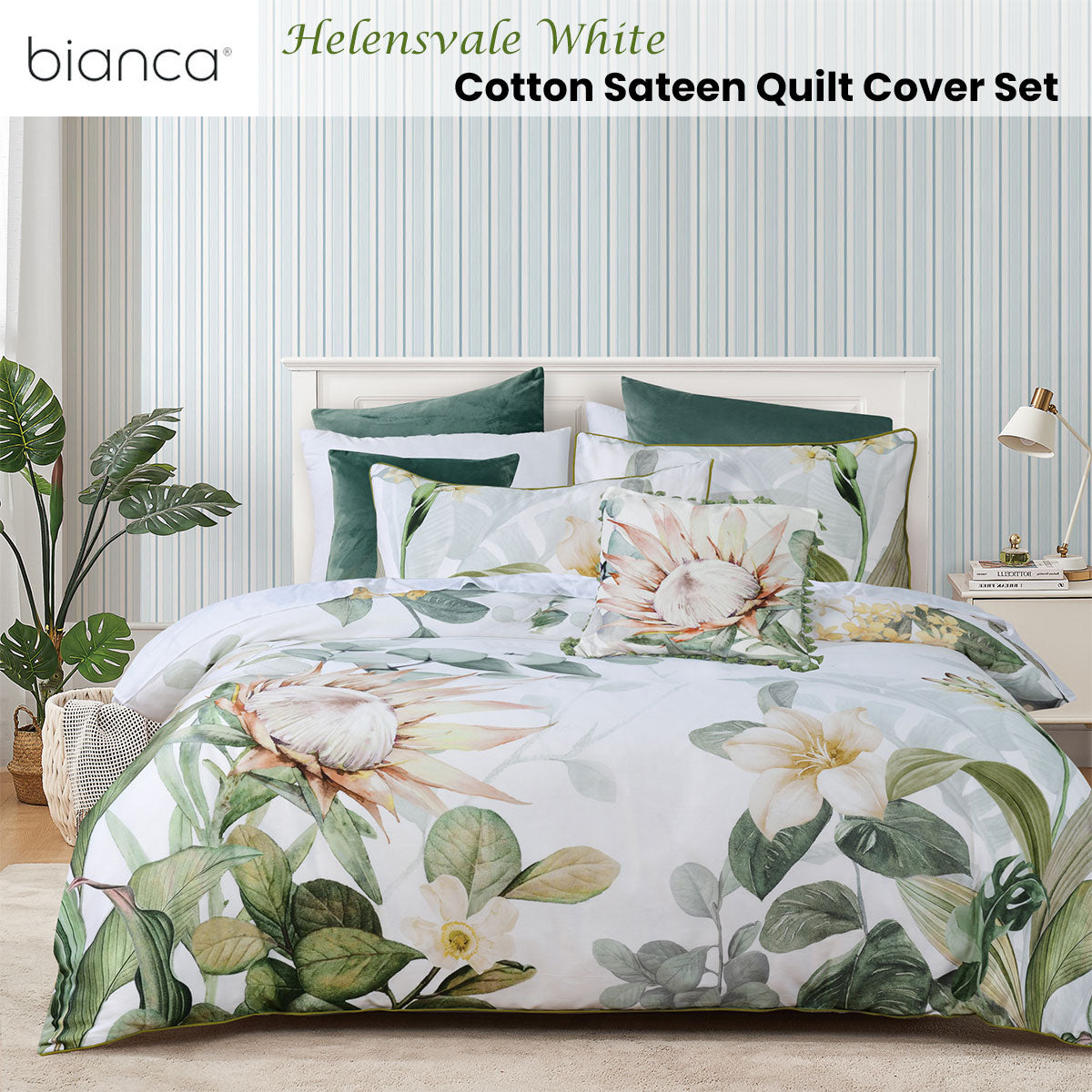 Bianca Helensvale White Floral Cotton Sateen Quilt Cover Set Super King
