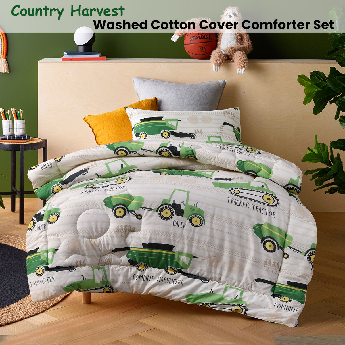 Happy Kids Country Harvest 2 Piece Washed Cotton Cover Comforter Set Single 160cm x 220cm