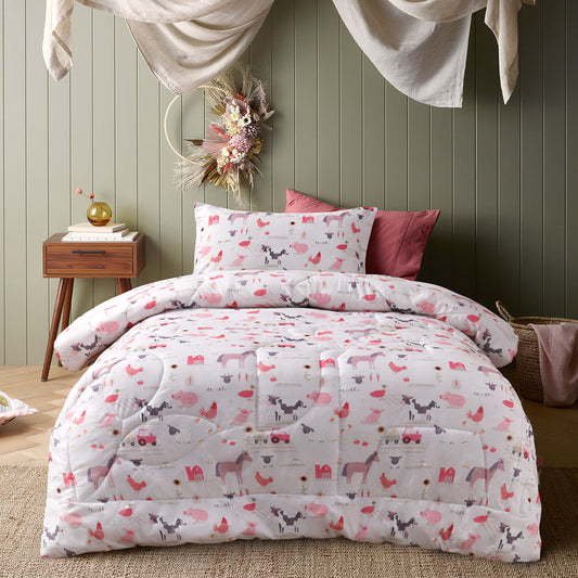 Happy Kids Farmyard Friends 2 Piece Washed Cotton Cover Comforter Set Single 160cm x 220cm