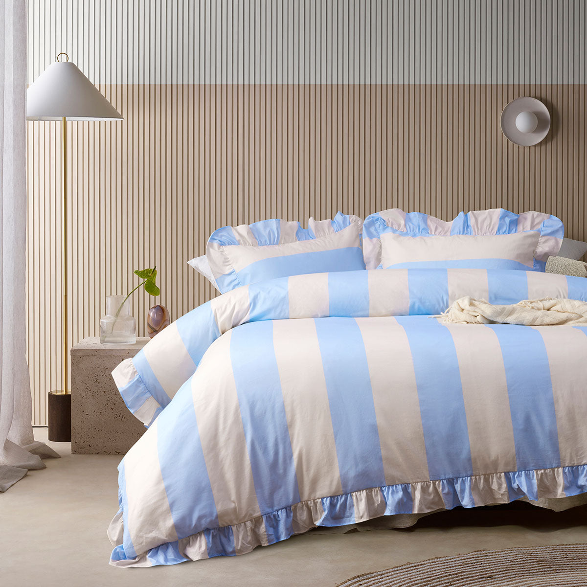 Vintage Design Homewares Candy Ruffle Blue Striped Washed Cotton Quilt Cover Set Super King