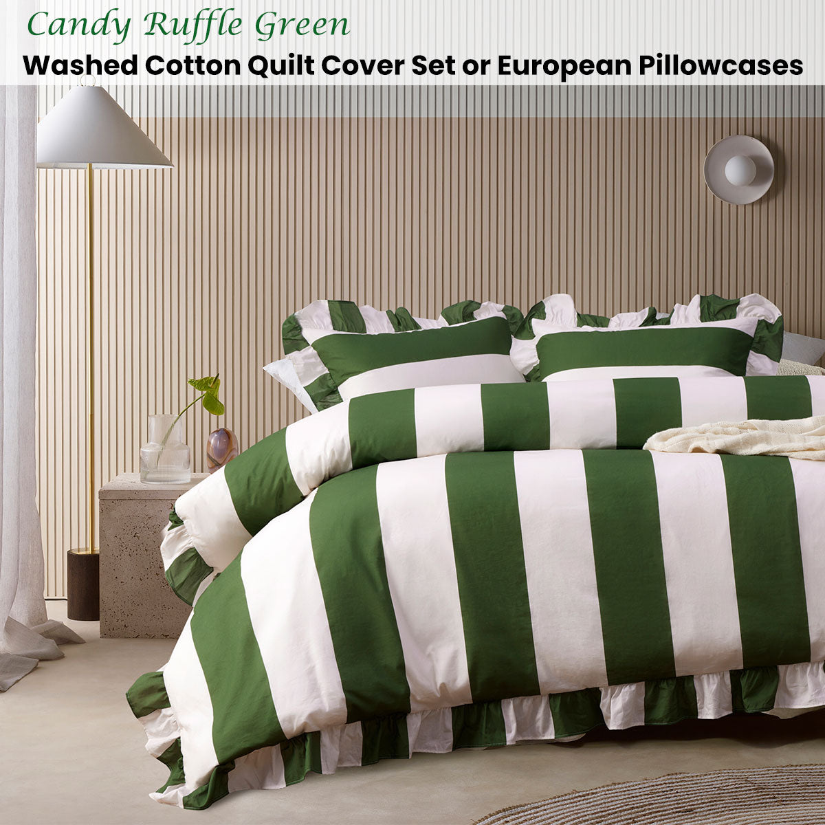 Vintage Design Homewares Candy Ruffle Green Striped Washed Cotton Quilt Cover Set Queen