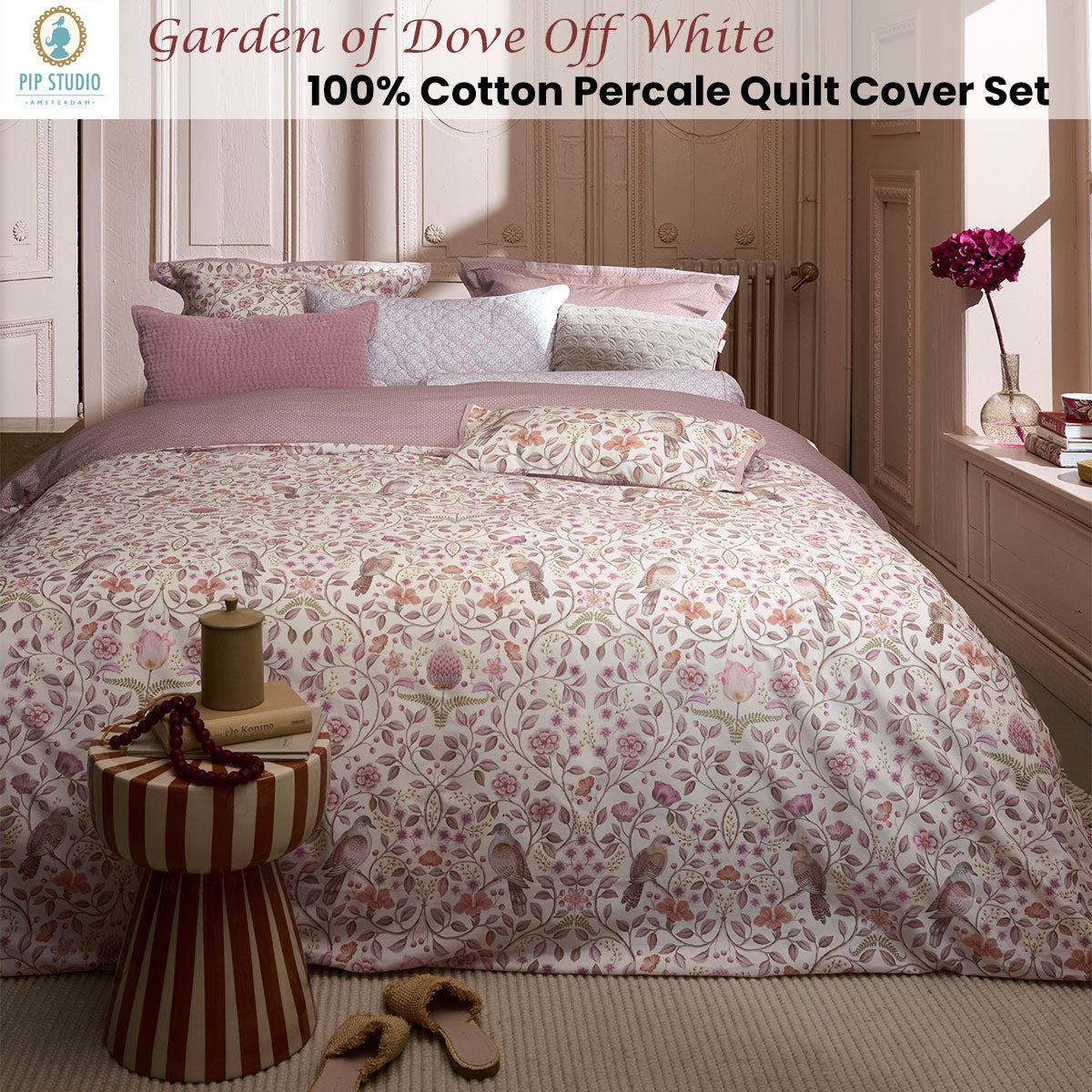 PIP Studio Garden of Dove Off White Cotton Quilt Cover Set Super King