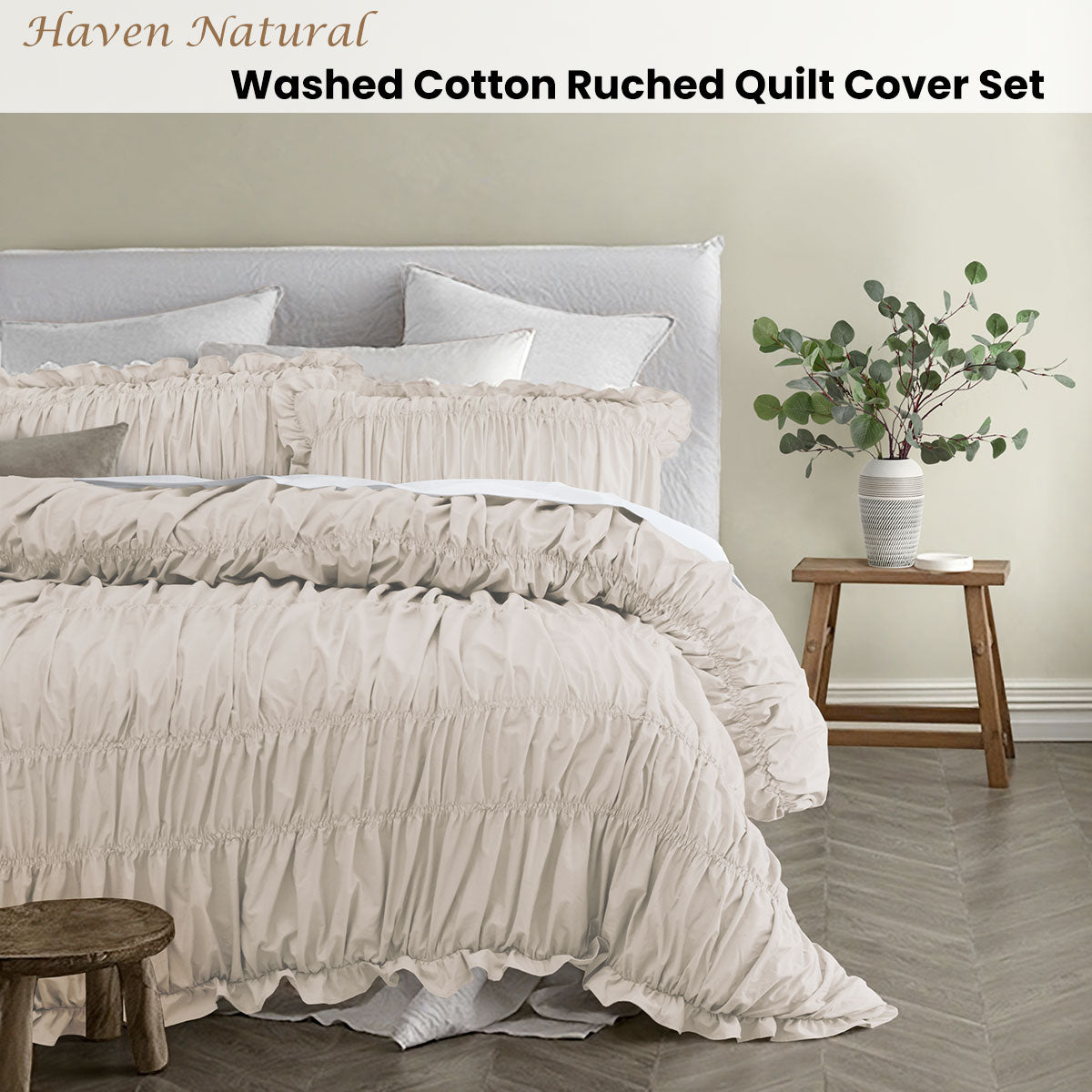 Vintage Design Homewares Haven Natural Washed Cotton Ruched Quilt Cover Set Queen