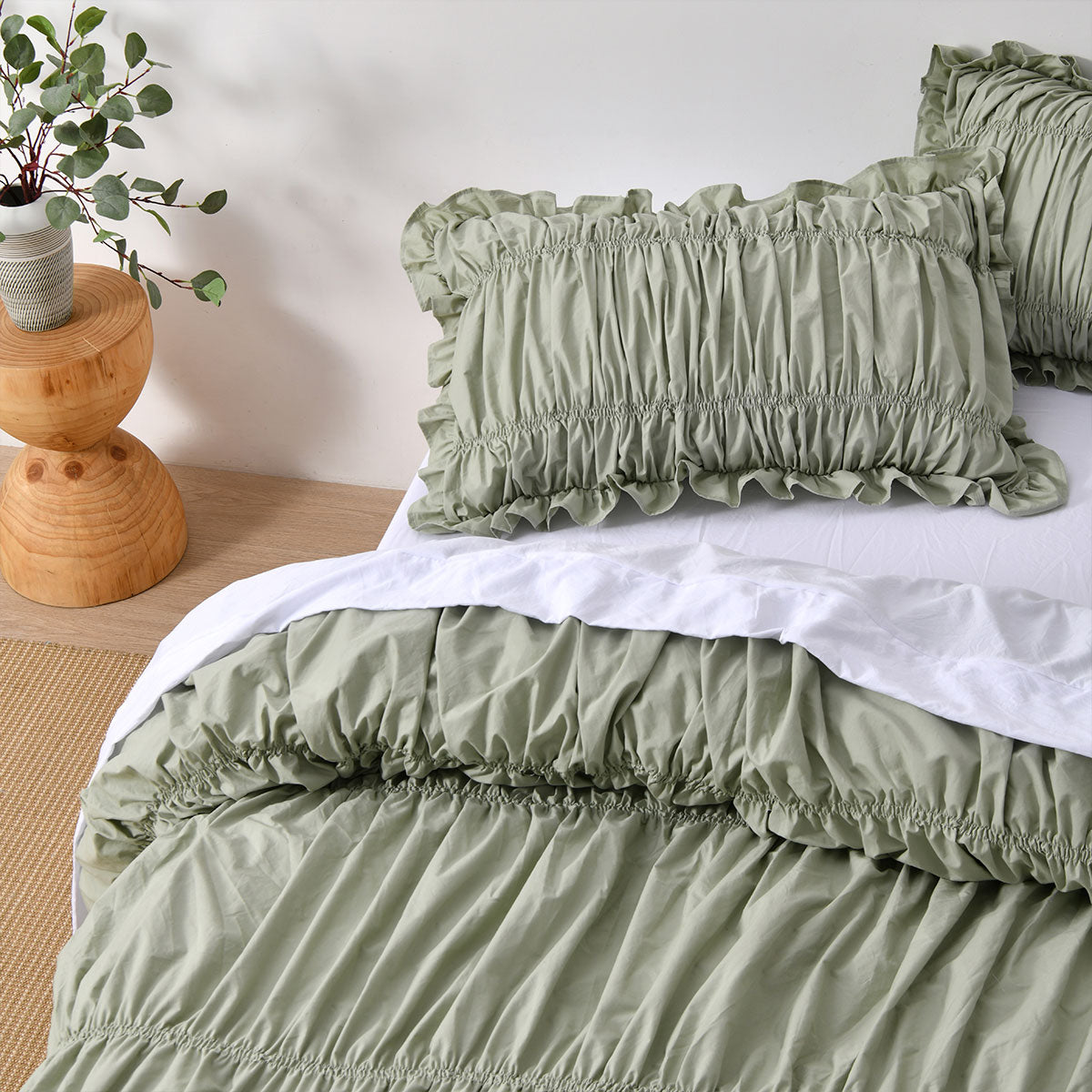 Vintage Design Homewares Haven Sage Washed Cotton Ruched Quilt Cover Set King